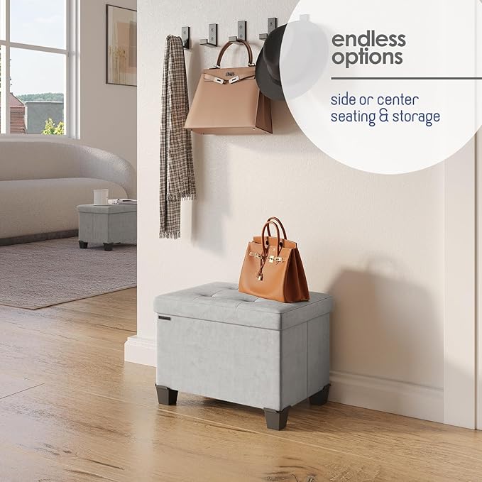 STORAGEBUD Storage Ottoman Cube with Small Bin, 16-in Square Ottoman with Storage for Living Room and Bedroom, Small Ottomans Foot Rest, Velvet Foot Stools Ottomans Max 330lbs, Light Grey