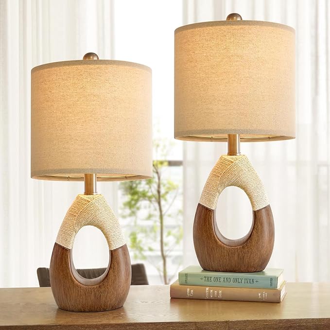 OYEARS Boho Table Lamps Bedroom Living Room Set 2,Suitable for Small Space,Farmhouse RattanTable Lamp 19”Rustic Egg Design Resin Light Decoration,Nightstand Bedside Lamps for Office Study Rest