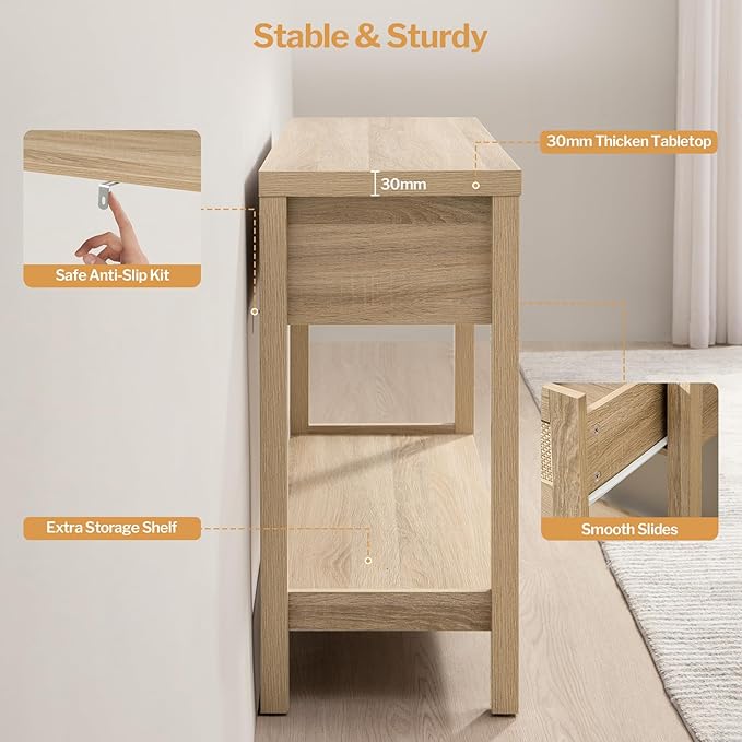 SICOTAS Rattan Console Table for Entryway - Boho Entryway Table with Storage and Drawers, Small Entry Tables for Hallway Behind Couch Table Sofa Table