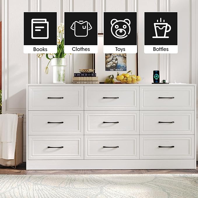 Fameill Dresser for Bedroom, 9 Drawer Wide Dresser Organizer with Charging Station, Tall Dresser for Hallway, Wood Dresser with Metal Handles, Woodgrain White