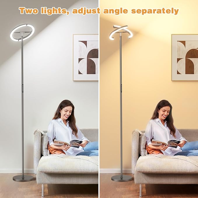 LED Floor Lamp - 70" Tall Modern Standing Lamp with 2 Rotatable Lights, Remote & Touch Control, 24W Bright Stepless Dimmable, Ideal for Living Room Bedroom Office(Grey)