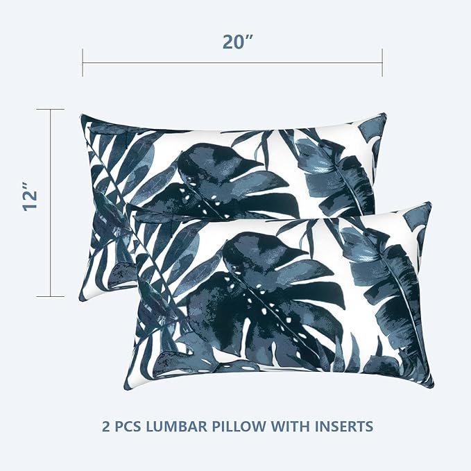 LVTXIII Outdoor/Indoor Lumbar Pillows, Decorative Patio Lumbar Cushions, Fluffy Water Repellent Garden Cushions for Home Patio Coach Sofa Use, 12×20 Inch, Pack of 2, Palm Blue