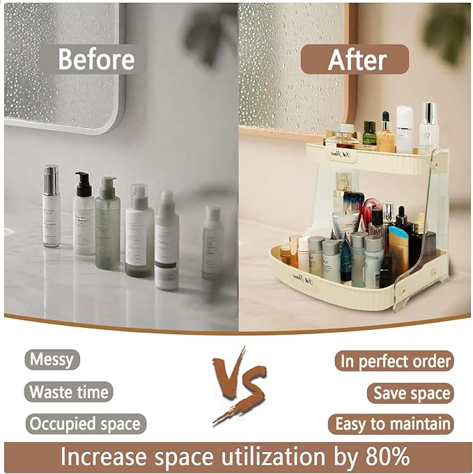 Skincare Organizers 2 Tier, Makeup Organizer Countertop, Cosmetic Display Cases, Makeup＆Skincare Organizer for Vanity, Desktop, Bathroon, Ideal Gifts for Women (Beige-2 Tier)