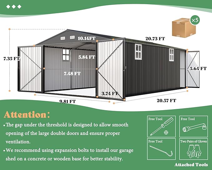 AMERLIFE 10x21x7.3 FT Outdoor Metal Garage Shed, Extra Large Storage Shed with Double Hinged Doors, 4 Windows, Carport for Car, Midsize SUV and Lawn Equipment, Dark Gray