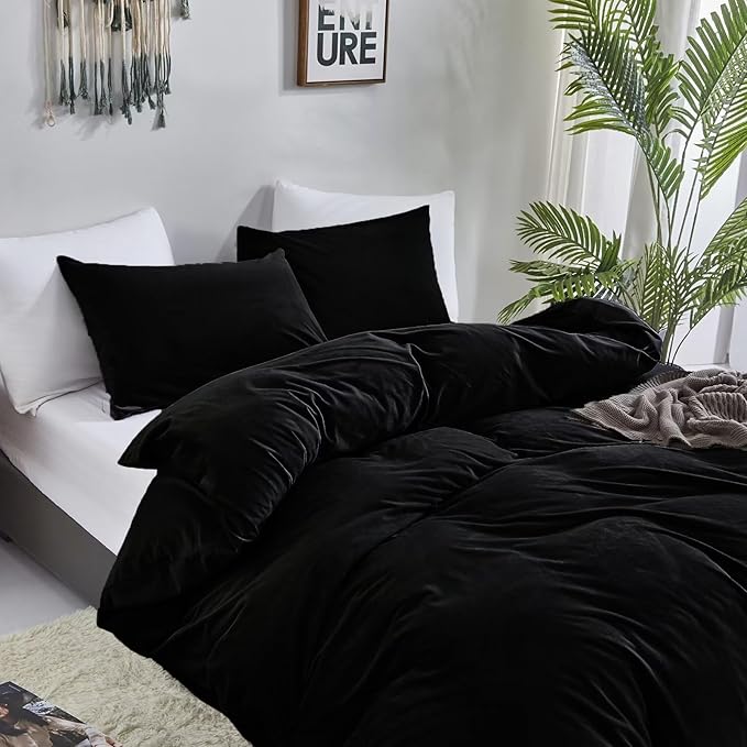 Cottonight Velvet Comforter Set - Cal King Black Flannel Bedding - Plush Fluffy Blanket Quilts - Modern Winter Warm Thick Solid Black Bedding Set