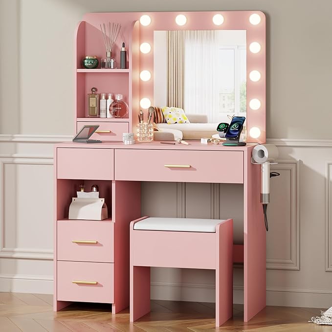 Vanity Desk with Mirror and Lights, 3 Adjustable Lighting Makeup Vanity Desk with 3 Storage Shelves, 5 Large Drawers and Power Outlet, Vanity with Chair for Bedroom, Pink