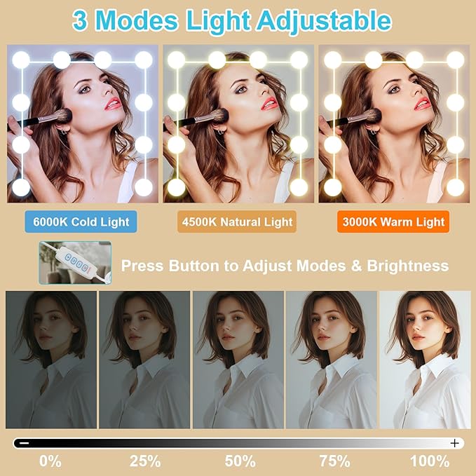 Makeup Vanity Desk with Mirror and Lights,White Vanity with 6 Drawers 6 Storage Shelves 1 Chair,3 Lighting Colors Adjustable,31.5" L*14.2" W*51.2" H