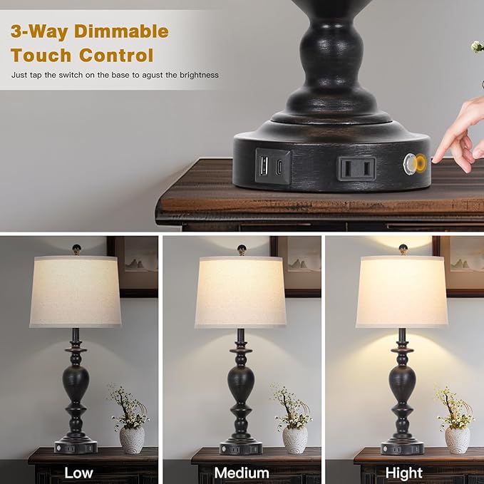 28" Black Farmhouse Table Lamps Set of 2 with USB C+A Ports & AC Outlet for Vintage Living Room Rustic Bedroom,3-Way Dimmable Touch Lamp Retro Resin Bedside Lamps for Nightstand Side Table