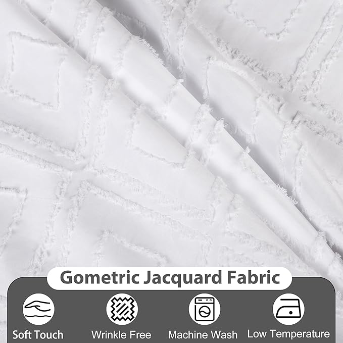 No Hook Shower Curtain Set with Snap in Liner, White Jacquard Tufted Geometric Bath Curtain, Boho Luxury Hotel Bathroom Decor, Waterproof Washable, 71 x 74 Inch