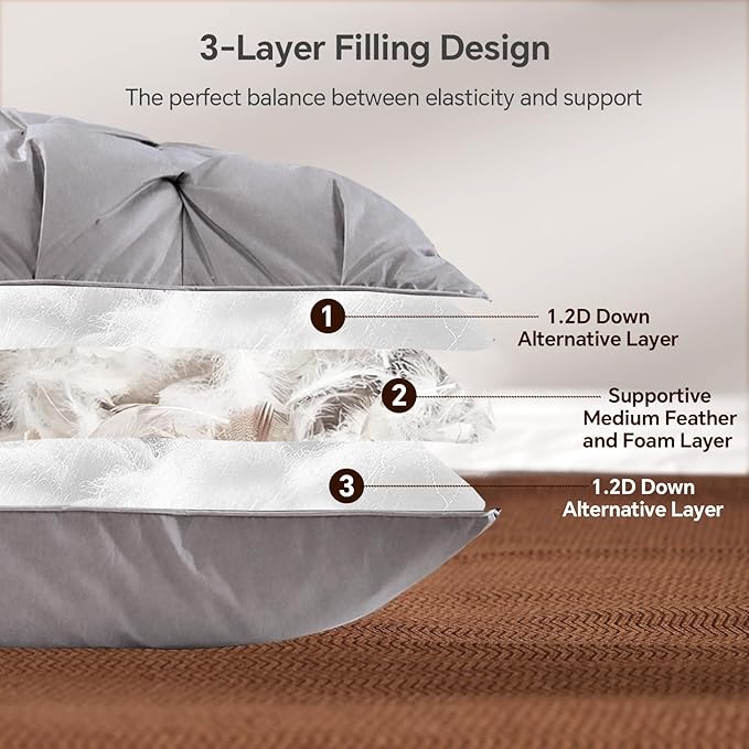 QUTOOL Luxury Hotel Goose Feather Pillow, 100% Cotton, Soft Support Pillow, Suitable for Sleepers on The Back, Sides, and Stomach, Set of 2 King Size Bed Pillows (16" x 34"), Gray