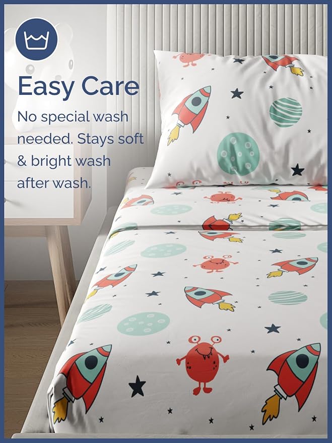 Kids Space Queen 4 Piece Sheet Set - Boys, Girls, Teens, Toddler - Easy Fit Deep Pockets - Breathable, Hotel Quality Bedding Sheets - Machine Washable - Wrinkle Free - Cute, Cozy, Soft - CGK Linens