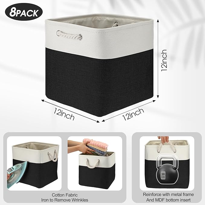 meekoo 8 Pack Collapsible Storage Bins Fabric Storage Bins Polyester Fabric Baskets with Handles Linen Closet Organizer for Shelf Home Closet Towels Toys(12 x 12 x 12 in,Black White)