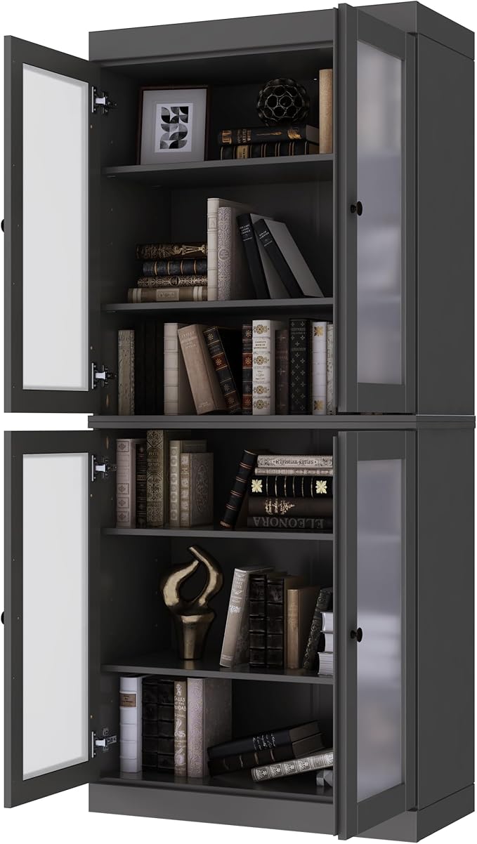 Palace Imports Solid Wood Bookcase - 6-Tier Floor Standing Bookshelf - 71.5" Tall Storage Shelf 32” W - Gray, Frosted Glass Doors for Living Room, Renewable 100% Eco-Friendly Wood, Made in Brazil