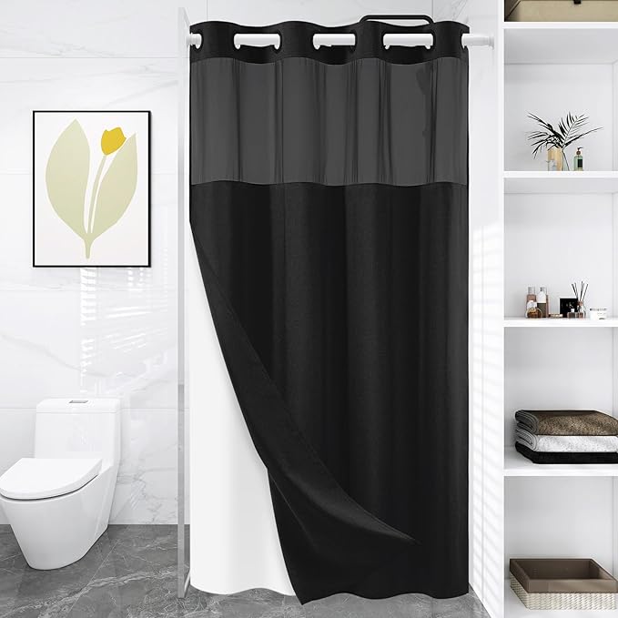 Stall No Hook Shower Curtain with Snap in Liner, Polyester Textured Shower Curtain with Liner Set, Waterproof Washable Hotel Style Shower Curtains for Bathroom, 36Wx74H, Black