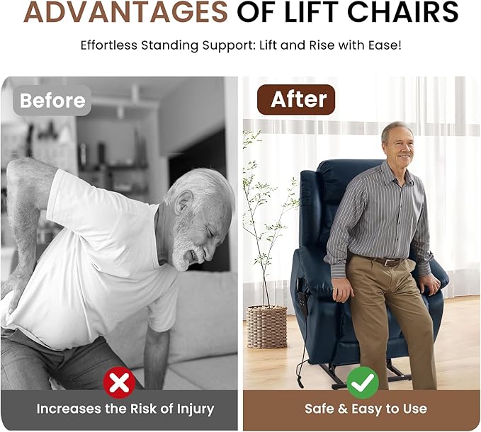 TEKAMON Power Lift Recliner Chair for Elderly with Heat & Massage, Dual Motor Genuine Leather Recliner, Lay Flat Sleeping Chairs with Infinite Position, RemoteControl(Deep Blue, Extended)