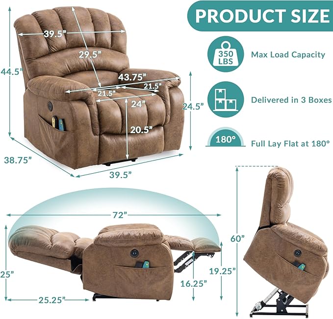 MEETWARM Large Infinite Position Dual Motor Recliner Chair for Big and Tall Elderly, Oversized Lay Flat Sleeper Power Lift Recliner with Massage Heat, 2 Remote Controls/USB Port/Side Pockets(Brown)