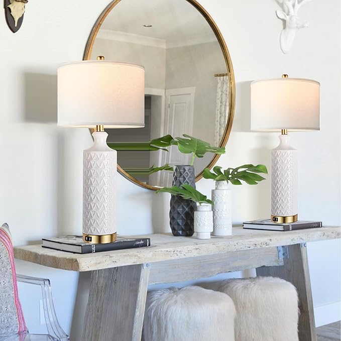 Touch Control Table Lamp Set of 2, Modern Contemporary Ceramic Bedside Lamps with 2 USB Ports, 3-Way Dimmable Nightstand Lamp with White Fabric Shade for Living Room, Bedroom (LED Bulbs Included)