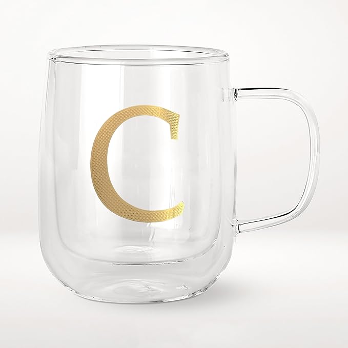 COLLECTIVE HOME - Double Walled Glass Coffee Mugs, Insulated Coffee Mug with Handle, Personalized Gifts for Women, Men, Christmas, 14 oz Monogram Cups (C)