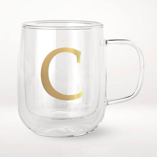 COLLECTIVE HOME - Double Walled Glass Coffee Mugs, Insulated Coffee Mug with Handle, Personalized Gifts for Women, Men, Christmas, 14 oz Monogram Cups (C)