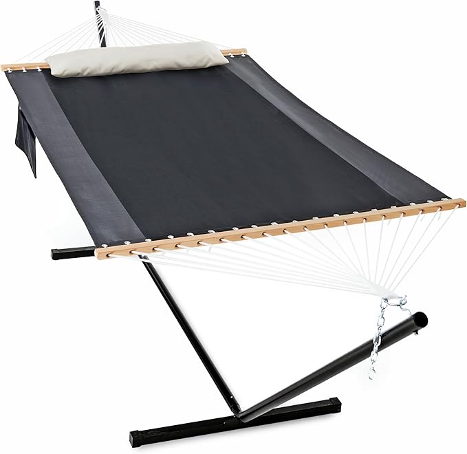 Waterproof Double Hammock with Stand for Outside Heavy Duty, 2 Person 55'' Large Quick Dry Textilene Hammocks with Hardwood Spreader Bar, Pillow, Pockets, 475lbs Capacity (Gray & Black)
