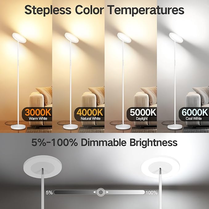 OUTON LED Torchiere Floor Lamp, Super Bright Dimmable Tall Standing Lamp with Remote Touch Control, 4 Color Temperatures, 1-Hour Timer for Living Room, Bedroom, Office (Matte White)