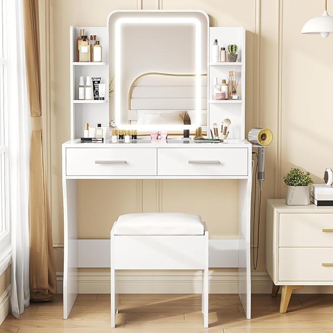 Vanity Desk with Mirror and Lights, Makeup Vanity with Glass Top & Power Strip, White Vanity with 2 Drawers for Women, 3 Lighting Modes Adjustable Brightness, Dressing Table with Stool for Bedroom