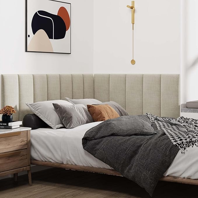 IFNOW Upholstered Wall Mounted Headboard, 3D Soundproof Wall Panels Peel and Stick for Queen Size, Reusable and Removable Tufted Bed Headboard in Beige (9 Panels, 10" x 24")