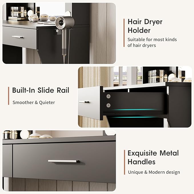 Maupvit Vanity Desk with Mirror and Lights,Makeup Vanity Table Set with Power Outlet,3 Lighting Modes & Adjustable Brightness Dressing Table with 2 Drawers for Bedroom Dressing Room,Black