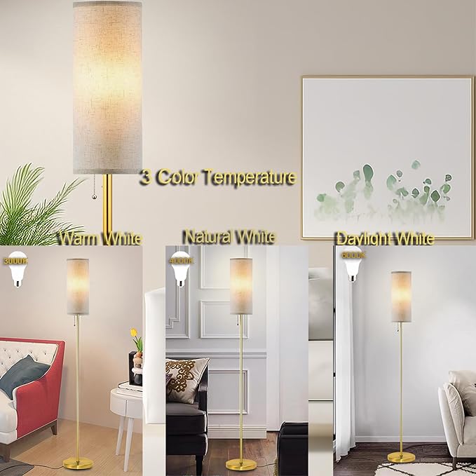 Floor Lamp for Living Room, Modern Standing Lamps with Lampshade, Minimalist Tall Lamp with Chain Switch for Living Room, LED Bulb Included (Beige+Gold)