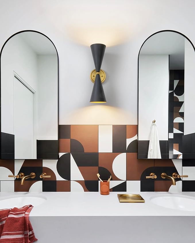 Modern Black Gold Wall Sconce, Vintage Double Heads Up and Down Sconces Wall Lighting, Indoor Hardwired Wall Lamp Fixture for Bathroom Bedroom Living Room Hallway