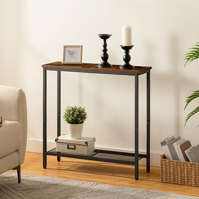 HOOBRO 29.5" Narrow Console Table, Small Entryway Table with Shelf, 2 Tier Thin Sofa Table, Behind Couch Table, Side Table, for Hallway, Living Room, Bedroom, Rustic Brown and Black BF74XG01
