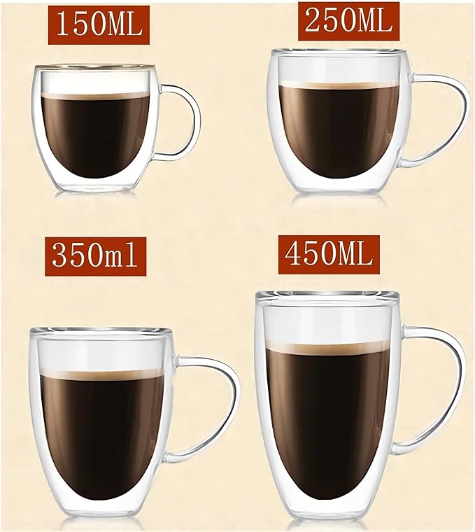 Espresso Cups Set Of 2 8 Oz, Double Walled Glass Coffee Mugs with Handle,Insulated Layer Coffee Cups,Clear Borosilicate Glass Mugs,Perfect for Cappuccino,Tea,Latte,Espresso,Hot Beverage,Wine
