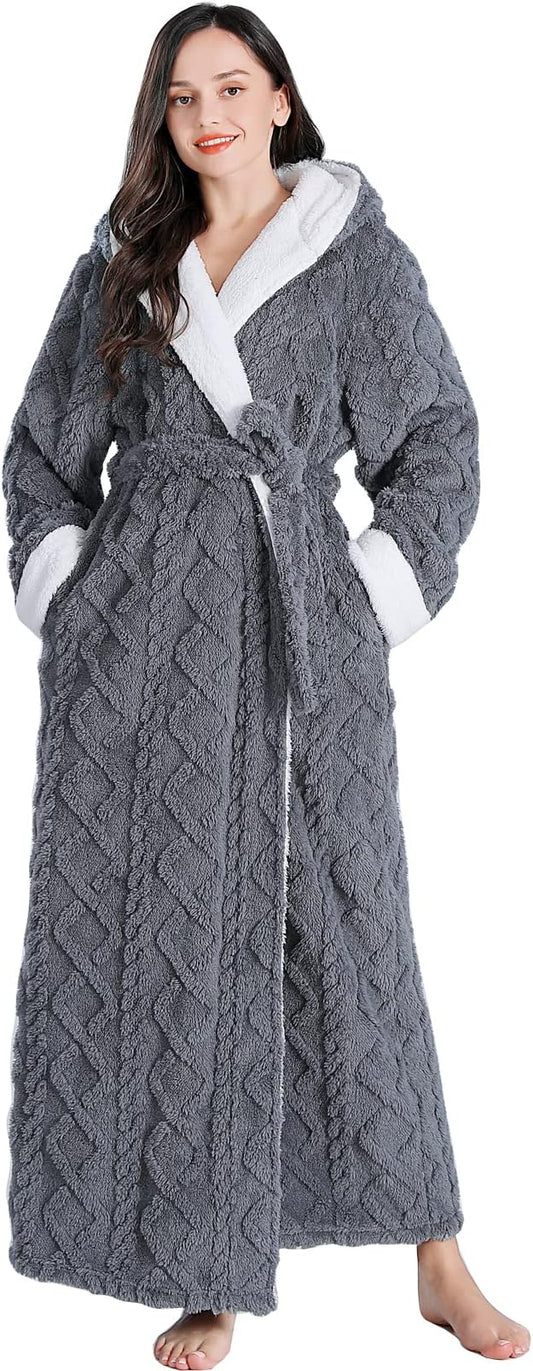 LKG women's robes long plush hooded ladies shower luxury christmas warm fuzzy robes house coat bathrobe for women full length