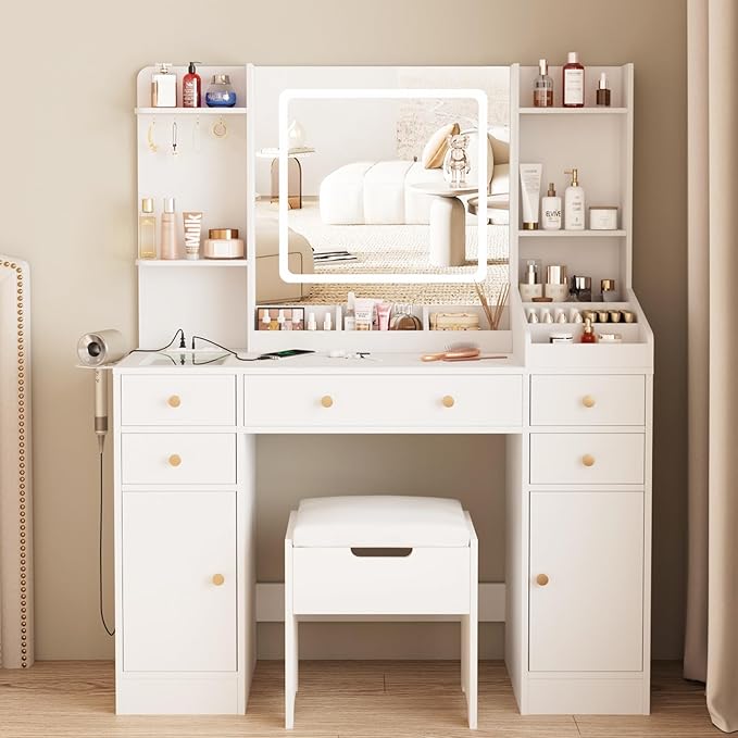 Vabches Vanity Desk with Mirror and Lights, 5 Drawers Makeup Vanity Table with Storage Chair, 44.9in Big Vanity Dresser 3 LED Lighting Modes,Power Outlet,Bedroom White