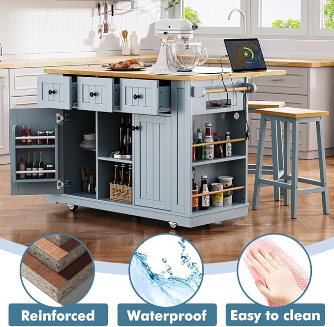 Rolling Kitchen Island with 2 Bar Stools, Kitchen Cart on Wheels with Drop Leaf, Mobile Kitchen Storage Cart with Power Outlet, 53 Inch Width (with 2 Bar Stools: Grey Blue)