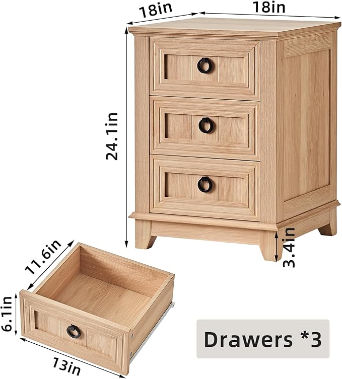 18" Farmhouse Night Stands Set of 2 with 3 Drawers, Wood Bedside End Table, Natural Nightstand, Bed Side Table Cabinet with Metal Handle for Bedroom Living Room, Closet