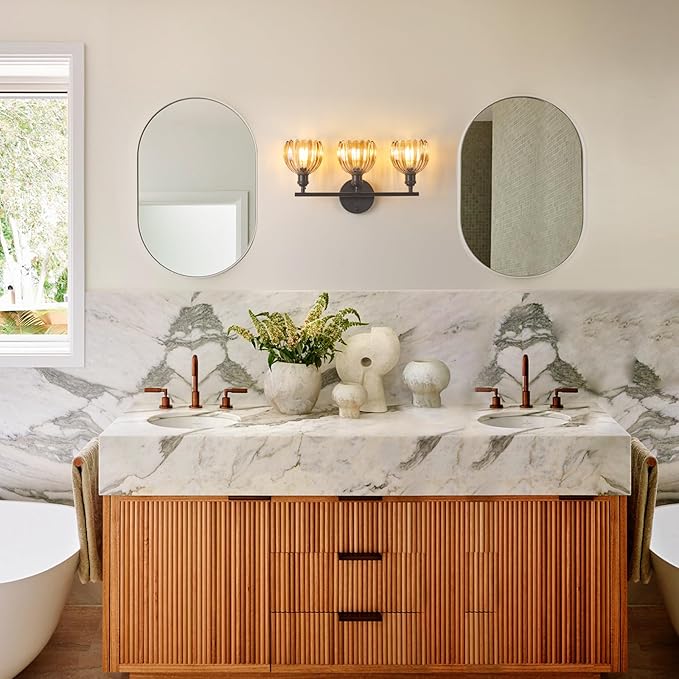 Bathroom Light Fixtures, 3-Light Black Vanity Wall Light Over Mirror with Amber Tulip Glass Shade for Bedroom Living Room