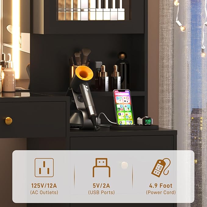 Large Vanity Desk w/60000-color LED Lights,Tempered Glass Top,Outlet,62inch Black Makeup Vanity Table w/ 3 Lights Mode Mirror & Lights,9 Drawers,2 RGB Cabinet,LED Dressing Table for Women