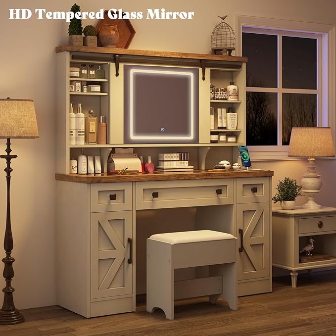 AMERLIFE 47.2" W Farmhouse Makeup Vanity Desk with Sliding Mirror, Vanity Set with Stool & Charging Station & 3 Brightness Lights, Glass Desktop, Ample Storage, Antique White