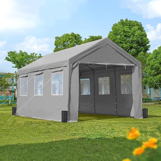 ADVANCE OUTDOOR 10x20 ft Adjustable Height Carport with Removable Window Sidewalls and Doors, Heavy Duty Car Canopy Garage Party Tent Boat Shelter with Reinforced Poles, Gray