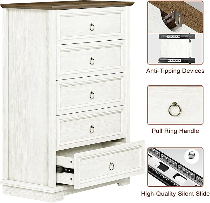 5 Drawer Dresser, Chest of Drawers with Double Anti-Tip, Modern Tall Dresser Organizer for Bedroom, Living Room & Hallway – Easy Assembly Storage Cabinet, White
