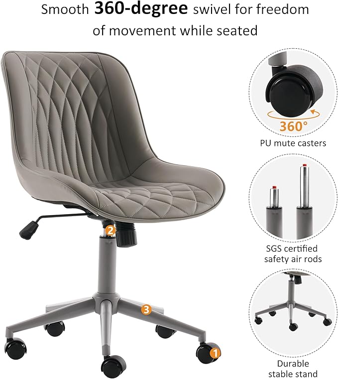 YOUNIKE Grey Home Office Desk Chair No Arms Comfy Small Vanity Chair Chair with Wheels Swivel Adjustable Modern Ergonomic Task with Back Armless Cute Leather Upholstered Rolling Chair