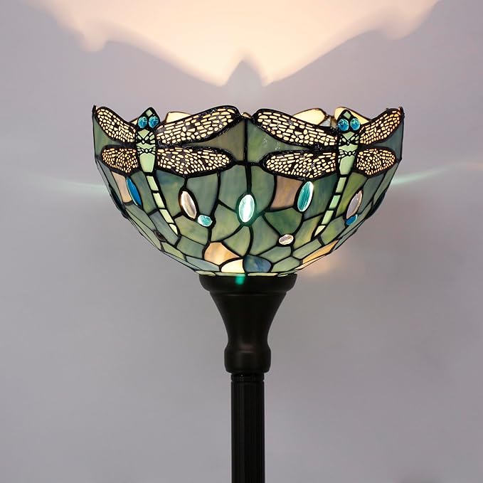 Tiffany Floor Lamp Sea Blue Torchiere Stained Glass Dragonfly Style Torch Lamp 12X12X67 Inch Antique Standing Corner Light