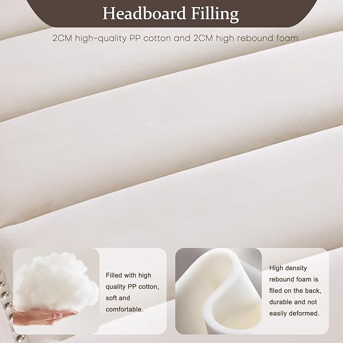 Lucky Monet Luxurious Headboard Only Queen Size with Wingback, Velvet Upholstered Tufted Headboard with Nailhead Decor for Bed, Adjustable Height Curved Head Board Vertical Channel Design (Beige)