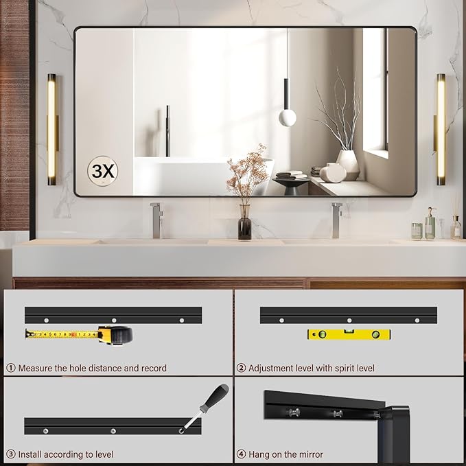 72X36 Inch Black Metal Framed Bathroom Mirror for Wall, Rounded Rectangle Mirror, Matte Black Bathroom Vanity Mirror, Environmentally Friendly Resin Mirror, Anti-Rust