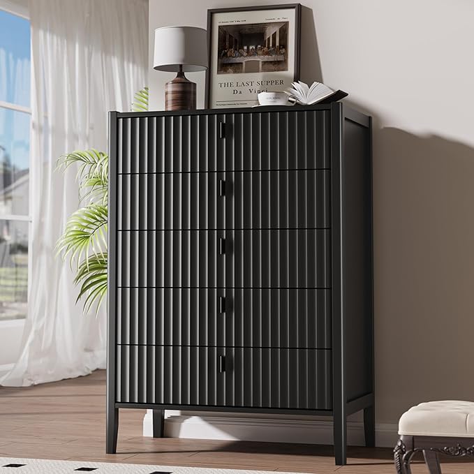 Black 5 Drawer Dresser, Fluted Wood Chest of Drawers for Bedroom, Modern Dresser with Deep Drawers for Clothes, 32 Inch Tall Nightstand for Bedroom, Living Rooms, Offices, and Entryways