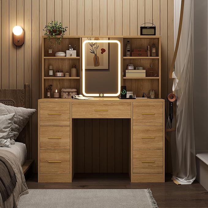 47'' W Large Vanity Desk with Mirror and Lights, 8 Storage Shelves 7 Drawers Vanity Table, Big Makeup Vanity Desk with 3 Lighting Modes, Vanity Dresser with Charging Station, Sliding Mirror (Natural)