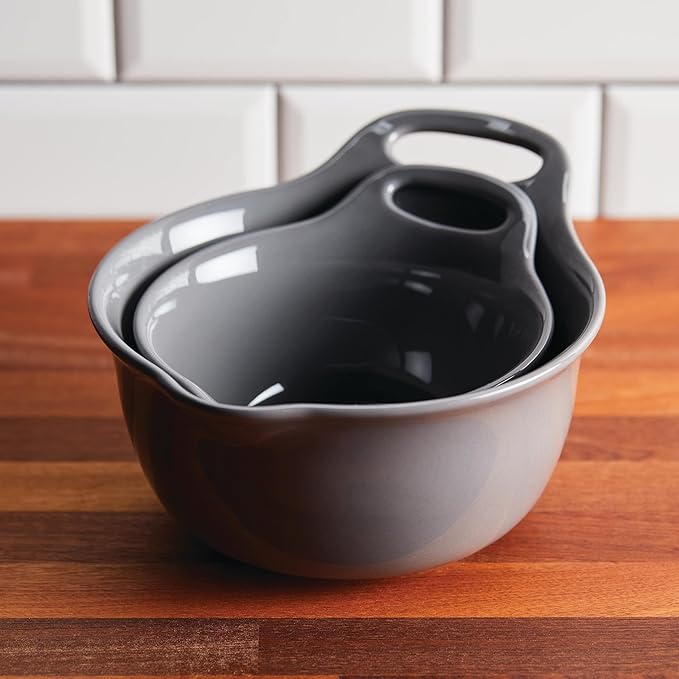 Rachael Ray Ceramics Nesting Mixing Bowl Set with Pour Spout, 1 Quart and 2 Quart - Dark Gray
