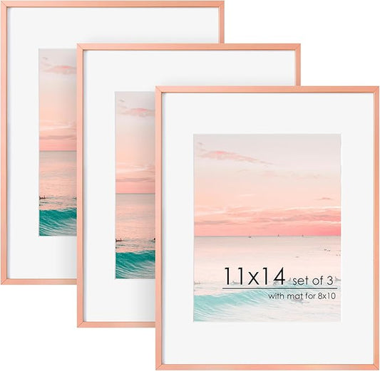 11x14 Picture Frame -11x14 Metal Picture Frame With Mat For 8x10 | 14x11 Frame Aluminum | Plexiglass And Hanging Hardware Included | 11 by 14 Poster Frame, Set of 3, Rose Gold