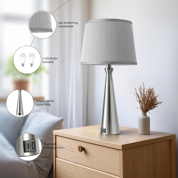 Seealle Modern Table Lamps Set of 2 - Touch Bedside Lamp for Nightstand with USB C+A,3-Way Dimmable Silver Nightstand Lamps for Living Room Bedroom End Table with Grey Shade(Bulb Included)